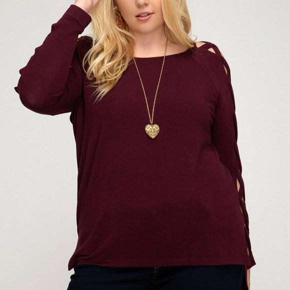 NWT She And Sky Burgundy Lattice Strap Sleeve Plus Sweater - Picture 1 of 1
